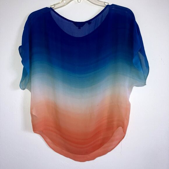 GUESS sz S Blue Aqua Orange Ombré Chiffon Top Dolman Cap Sleeve Packable Flowy - Picture 3 of 5